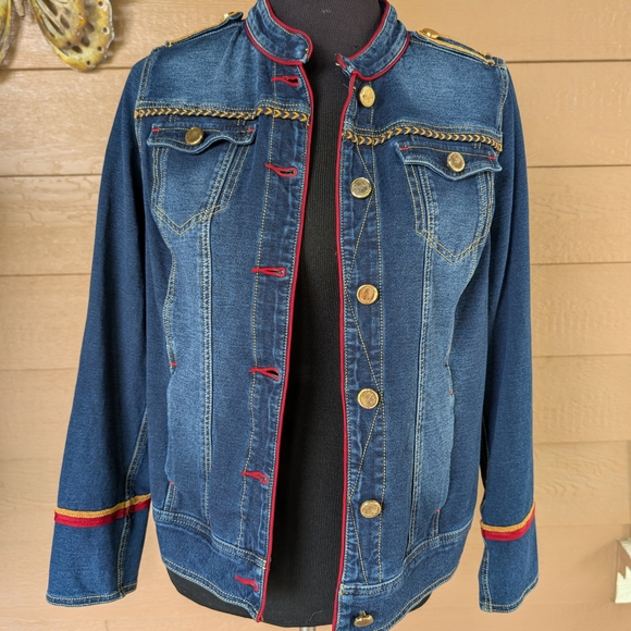 Embellished Denim Jacket with Red and Gold Details - Picture 1 of 7